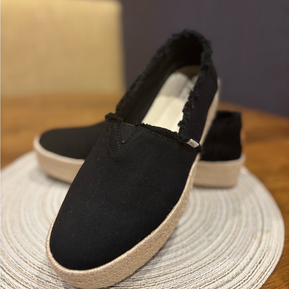 Toms Black Canvas Espadrille Platform Flats
